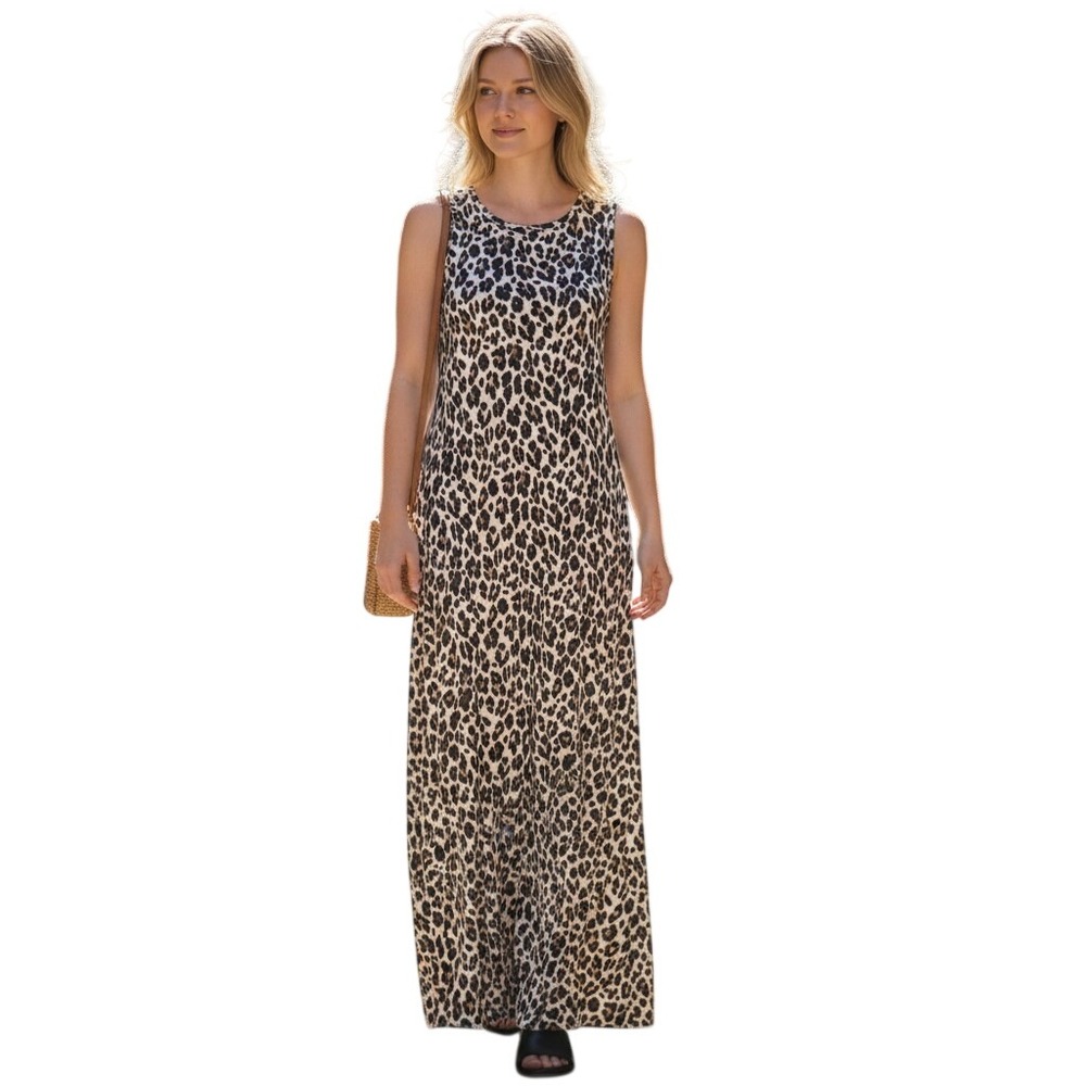 Womens Leopard Print Sleeveless Maxi Dress A-Line Round Neck Animal Print L